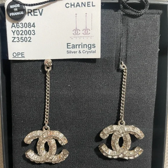 Authentic CHANEL Silver and Crystal Logo Earrings - Picture 4 of 7